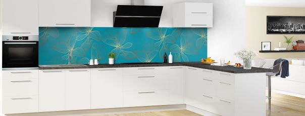 Crédence de cuisine Fleurs dorées couleur Bleu paon panoramique motif inversé en perspective