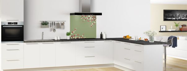 Crédence de cuisine Arbre fleuri couleur Vert sauge fond de hotte motif inversé en perspective