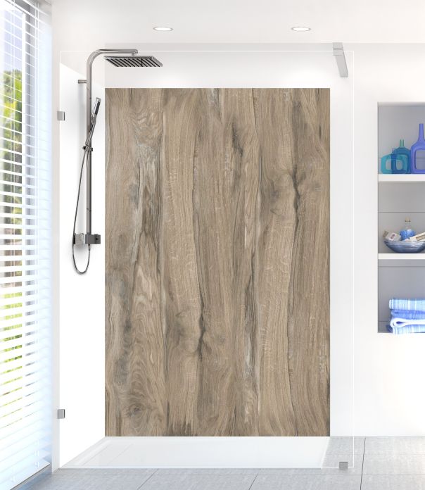 Déco de murs de douche sur mesure imitation bois cendré gris brun à coller en déco de salle de bain