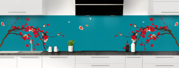 Crédence de cuisine Cerisier japonnais couleur bleu canard panoramique