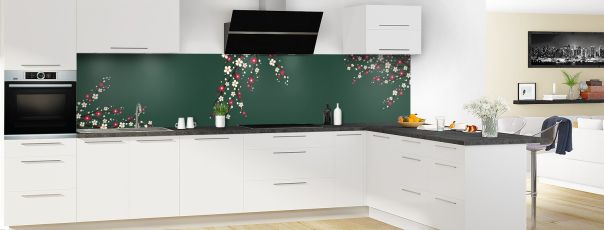 Crédence de cuisine Arbre fleuri couleur Vert avocat panoramique motif inversé en perspective