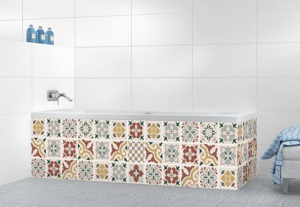 Décor mural de baignoire en carreaux de ciment vintage avec motifs vert et orange en faïence