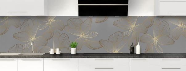 Crédence de cuisine Fleurs dorées couleur Gris pierre panoramique motif inversé