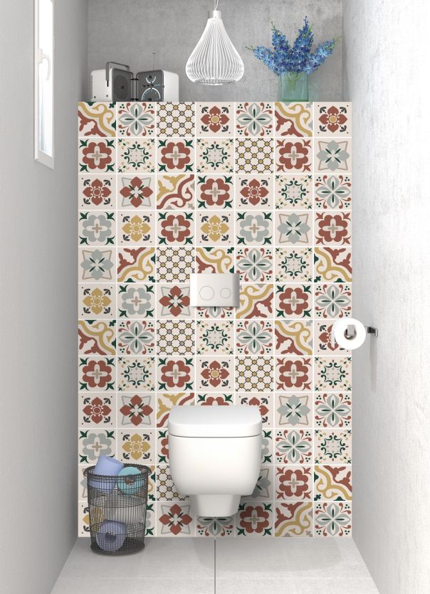 Panneau mural WC en carreaux de ciment vintage avec motifs vert et orange en faïence