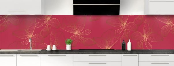 Crédence de cuisine Fleurs dorées couleur Rose grenade panoramique motif inversé