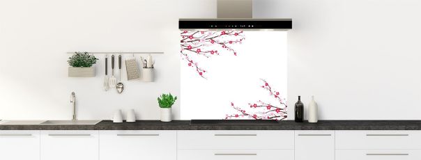 Illustration zen d'un arbre fleuri avec des branches et des fleurs rouges sur un fond de hotte de cuisine