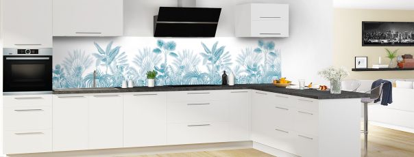 Crédence de cuisine Forêt tropicale couleur Bleu paon panoramique motif inversé en perspective