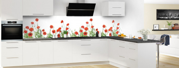 Crédence de cuisine Coquelicots Fond blanc panoramique motif inversé en perspective