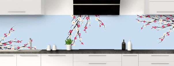 Crédence de cuisine Arbre fleuri couleur Bleu dragée panoramique motif inversé