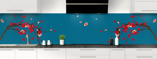Crédence de cuisine Cerisier japonnais couleur bleu baltic panoramique motif inversé