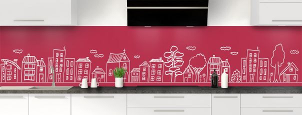 Crédence de cuisine Dessin de ville couleur Rose grenade panoramique motif inversé