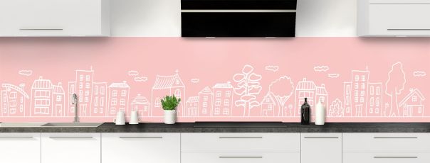 Crédence de cuisine Dessin de ville couleur Quartz rose panoramique motif inversé