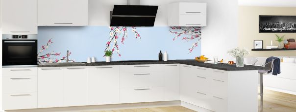 Crédence de cuisine Arbre fleuri couleur Bleu dragée panoramique motif inversé en perspective