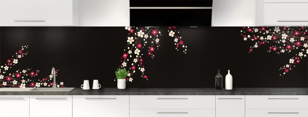 Crédence de cuisine Arbre fleuri couleur Noir panoramique motif inversé