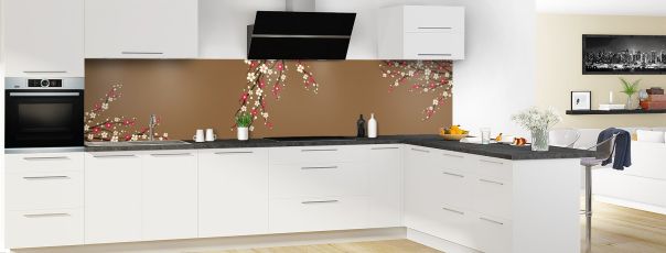Crédence de cuisine Arbre fleuri couleur Cannelle panoramique motif inversé en perspective