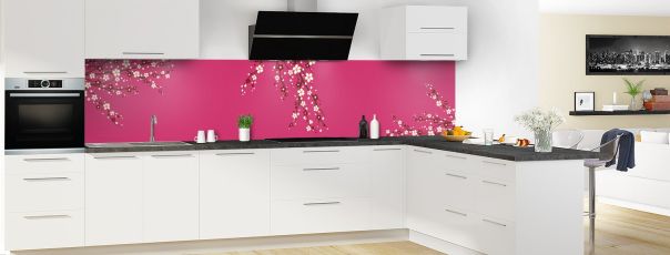 Crédence de cuisine Arbre fleuri couleur Saphir rose panoramique en perspective