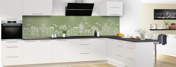 Crédence de cuisine Dessin de ville couleur Vert sauge panoramique motif inversé en perspective