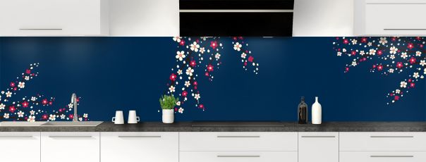 Crédence de cuisine Arbre fleuri couleur Bleu nuit panoramique motif inversé