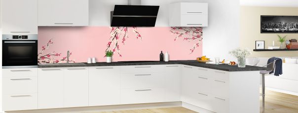 Crédence de cuisine Arbre fleuri couleur Quartz rose panoramique motif inversé en perspective