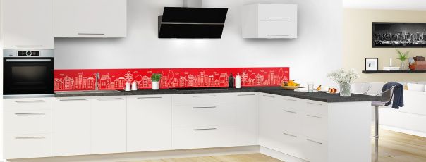 Crédence de cuisine Dessin de ville couleur Rouge vermillon frise motif inversé en perspective