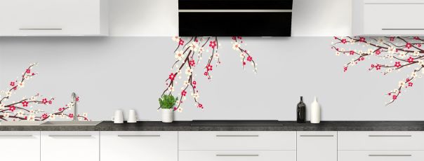 Crédence de cuisine Arbre fleuri couleur Gris perle panoramique motif inversé