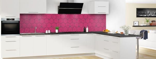 Crédence de cuisine Carreaux de ciment hexagonaux couleur Saphir rose panoramique en perspective