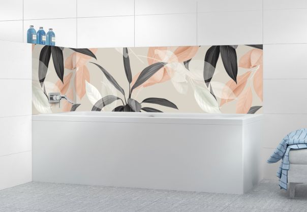 Décor de salle de bain végétal élégant avec plantes de couleurs noir, gris, rose et blanc