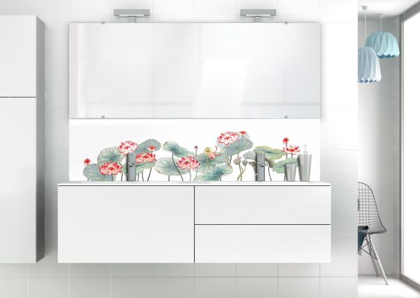 Illustration zen et végétale pour déco de lavabo personnalisée avec dessin de fleurs de lotus