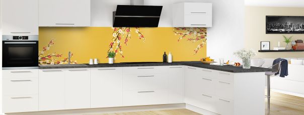 Crédence de cuisine Arbre fleuri couleur Curcuma panoramique motif inversé en perspective