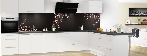 Crédence de cuisine Arbre fleuri couleur Noir panoramique motif inversé en perspective