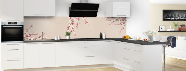 Crédence de cuisine Arbre fleuri couleur Grège panoramique motif inversé en perspective