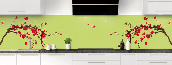 Crédence de cuisine Cerisier japonnais couleur vert olive panoramique motif inversé