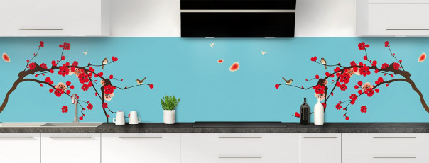 Crédence de cuisine Cerisier japonnais couleur bleu lagon panoramique motif inversé