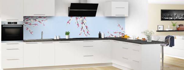 Crédence de cuisine Arbre fleuri couleur Bleu dragée panoramique en perspective