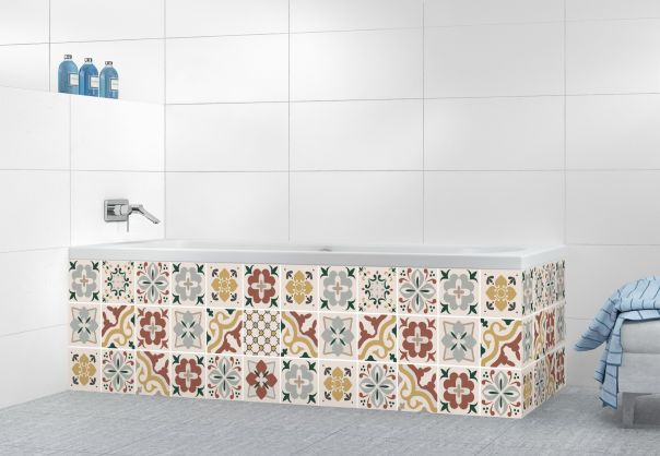 Panneau tablier de bain Carreaux de ciment contemporain Vert et orange motif inversé