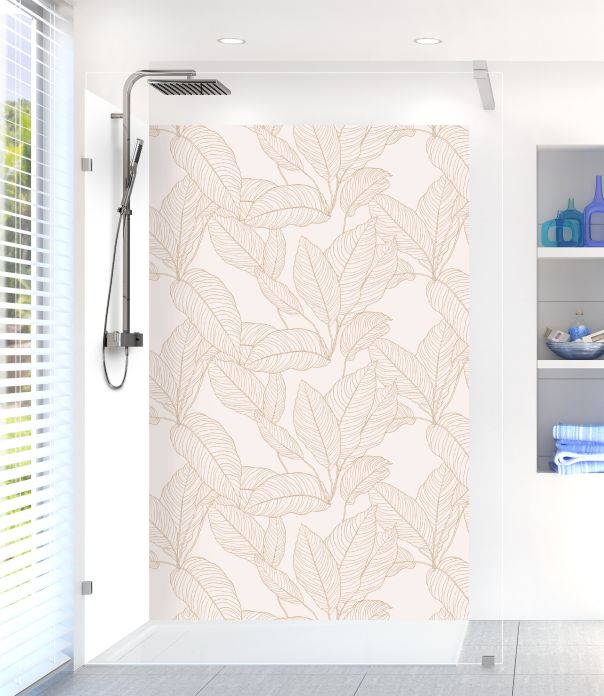 Revêtement mural de douche déco avec motif de feuilles végétales sur fond de couleur rose pastel