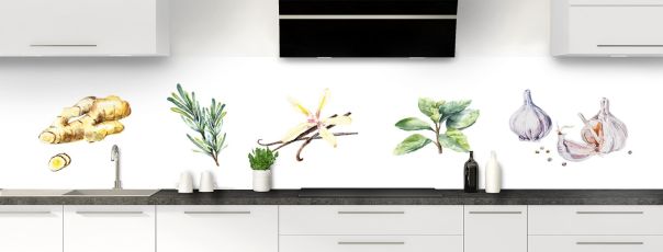 Illustration d'une crédence de cuisine originale avec des plantes aromatiques, de l'ail et de la vanille en dessin.