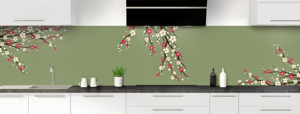 Crédence de cuisine Arbre fleuri couleur Vert sauge panoramique