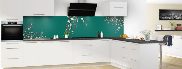 Crédence de cuisine Arbre fleuri couleur Vert jade panoramique motif inversé en perspective