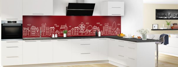 Crédence de cuisine Dessin de ville couleur Rouge grenat panoramique motif inversé en perspective