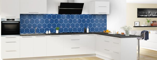 Crédence de cuisine Carreaux de ciment hexagonaux couleur Bleu électrique panoramique en perspective