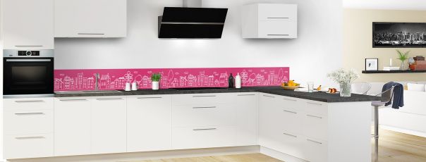 Crédence de cuisine Dessin de ville couleur Saphir rose frise motif inversé en perspective