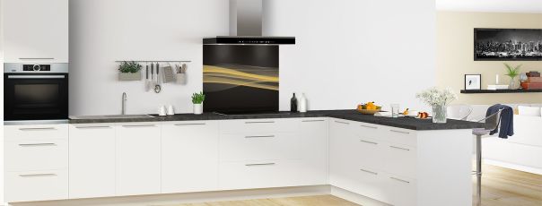 Crédence de cuisine Lignes design couleur Curcuma fond de hotte motif inversé en perspective