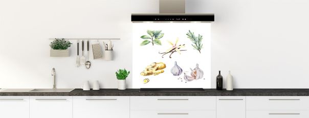 Illustration de fonds de hotte avec ail, vanille et plantes aromatiques pour une cuisine originale, dessinée avec style et créativité
