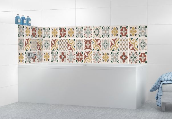 Décor mural de baignoire en carreaux de ciment vintage avec motifs vert et orange en faïence