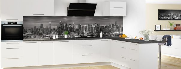 Crédence de cuisine New York Manhattan Noir & Blanc panoramique motif inversé en perspective