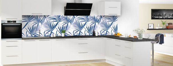 Crédence de cuisine Feuilles tropicales couleur Bleu électrique panoramique en perspective