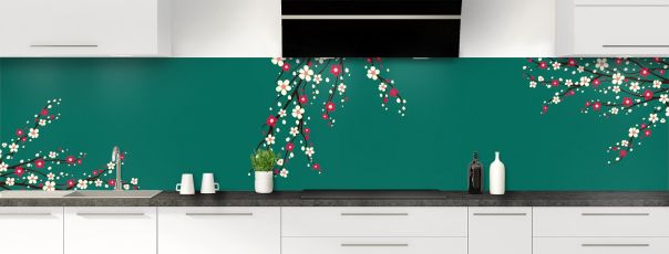 Crédence de cuisine Arbre fleuri couleur Vert jade panoramique motif inversé