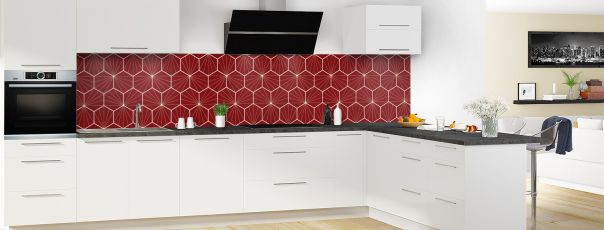 Crédence de cuisine Carreaux de ciment hexagonaux couleur Rouge grenat panoramique en perspective