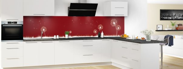 Crédence de cuisine Pissenlit au vent couleur Rouge grenat panoramique motif inversé en perspective